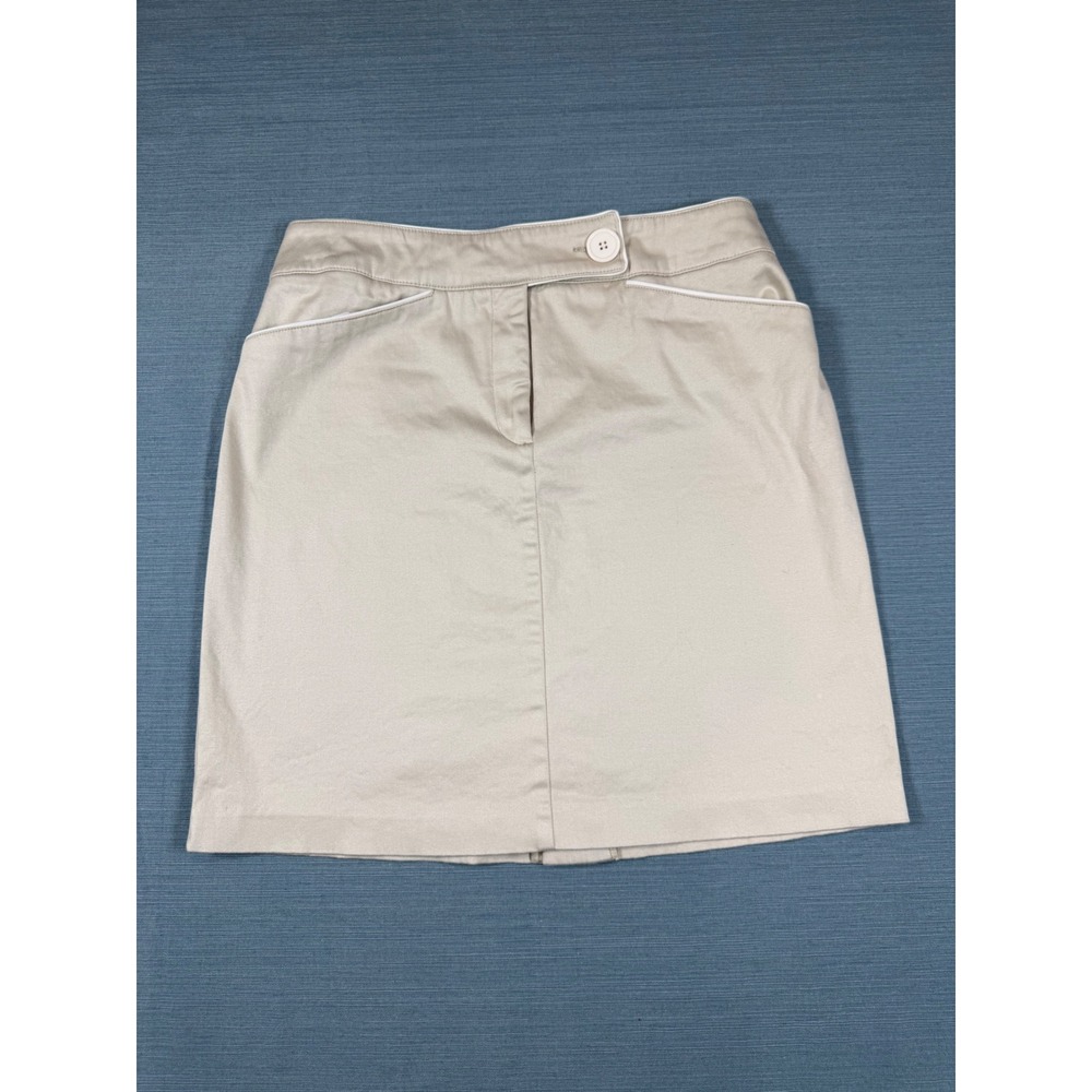 Tribal‎ Khaki Tan Stretch Cotton Mini Skirt Women Size 6 White Piping Preppy